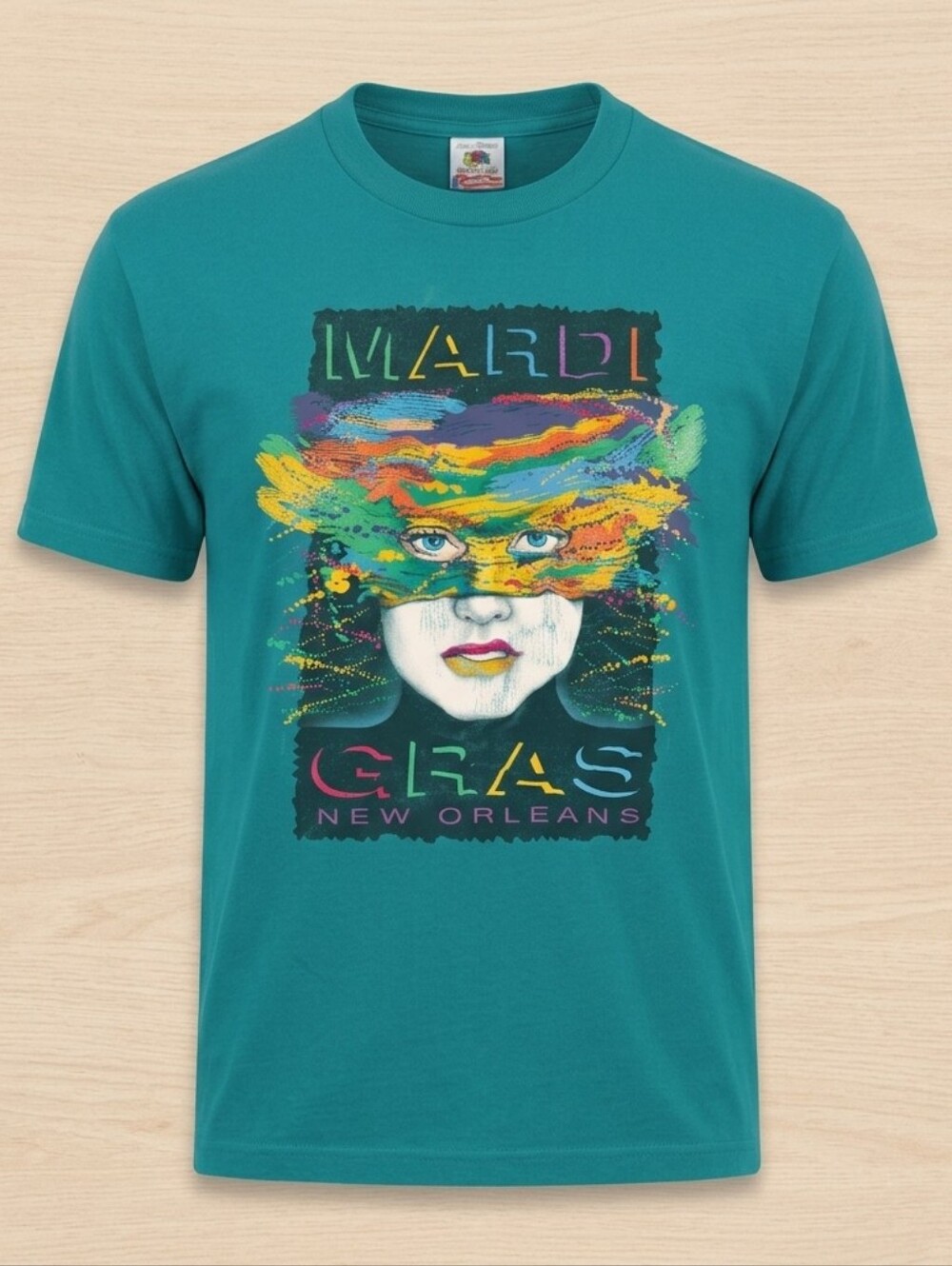 Vintage 90s Mardi Gras New Orleans Graphic T Shirt XL Teal Single Stitch USA...